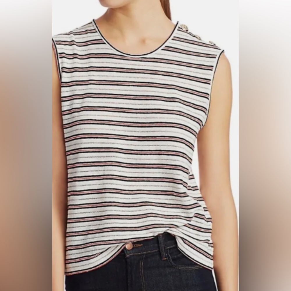 DEREK LAM 10 CROSBY
KALUA METALLIC STRIPES
SOFT WHITE BUTTON TANK.